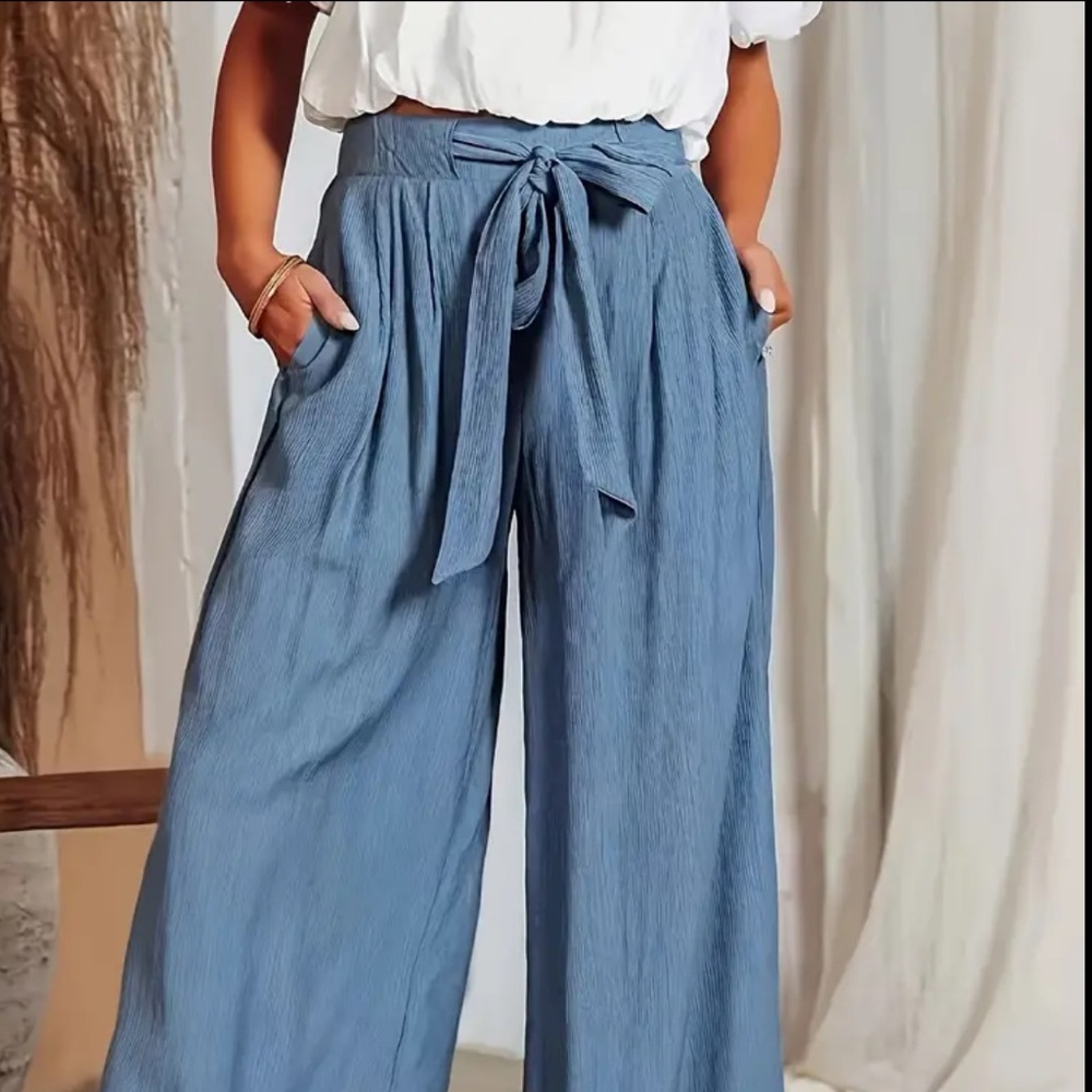 NEW•XL•LAST 1‼️ Belle In Blue Tie-Waist Wide Legged Pants With Pockets - Picture 4 of 12